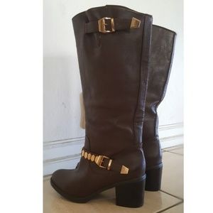 Forever 21 Shoes - Gold Studded-Strap Brown Knee High Boots 👢🍁 Forever 21 Shoes - Gold Studded-Strap Brown Knee High Boots 👢🍁